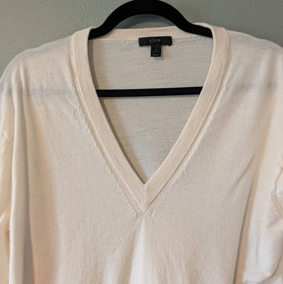 J. Crew Cream Merino Wool V-Neck Ruffle Bell Sleeve Sweater Top Size M - Picture 2 of 6